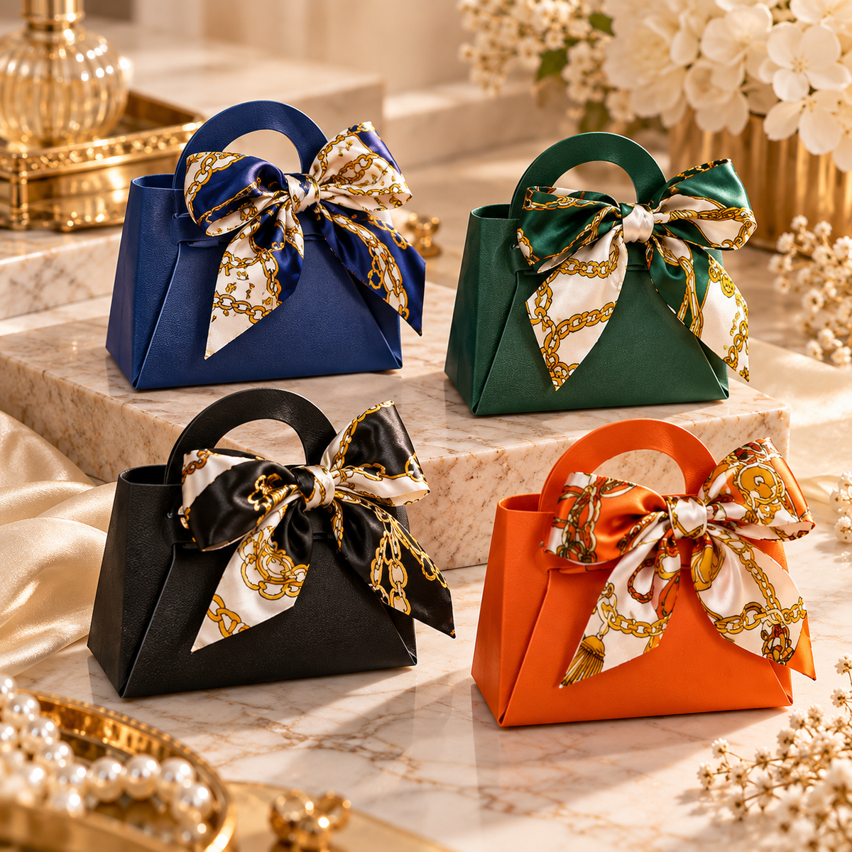Handtaschenförmige Geschenkbox mit Band – 110 × 105 × 58 mm