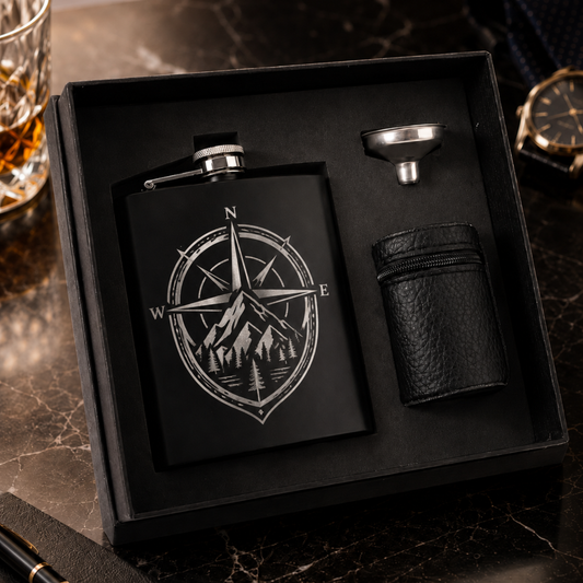 Hip flask gift set, 210 ml, stainless steel, black, with engraving