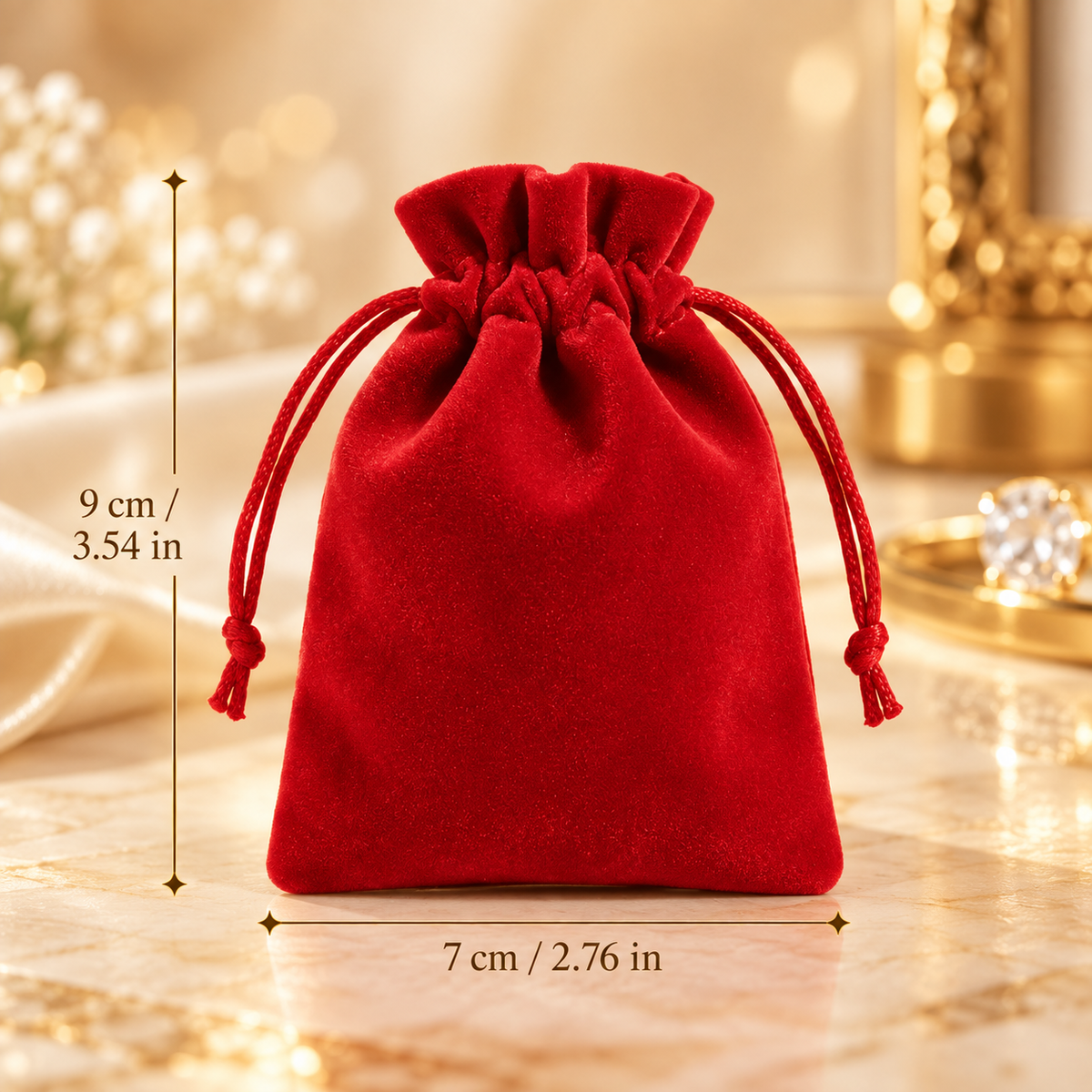 Velvet drawstring gift pouch – 90 × 70 mm – red