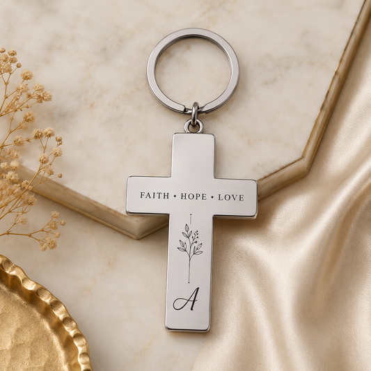 Cross-shaped stainless steel keyring – 48,1 × 29,5 mm – engraved