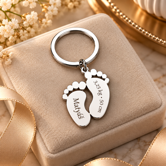 Baby-feet stainless steel keyring – 30 × 21 × 3 mm – engraved
