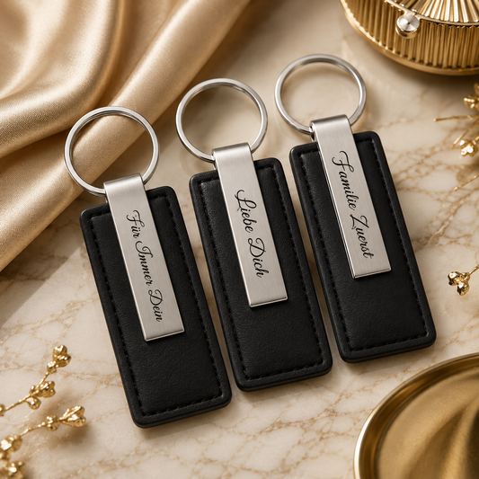 PU leatherette and stainless steel keyring – 61.5 × 27.5 mm – engraved