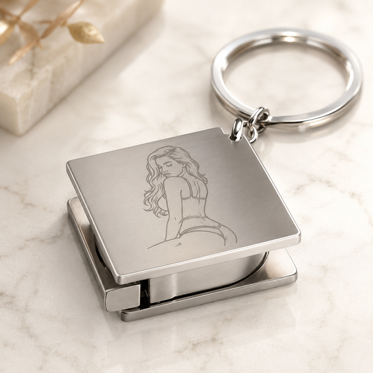 Stainless steel keyring with tape measure – engraved