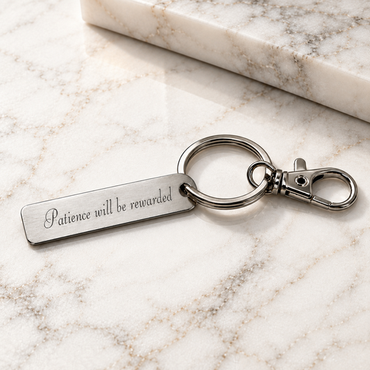 stainless steel keyring – 50 × 10 mm – Slothana Patience Will Be Rewarded design – engraved