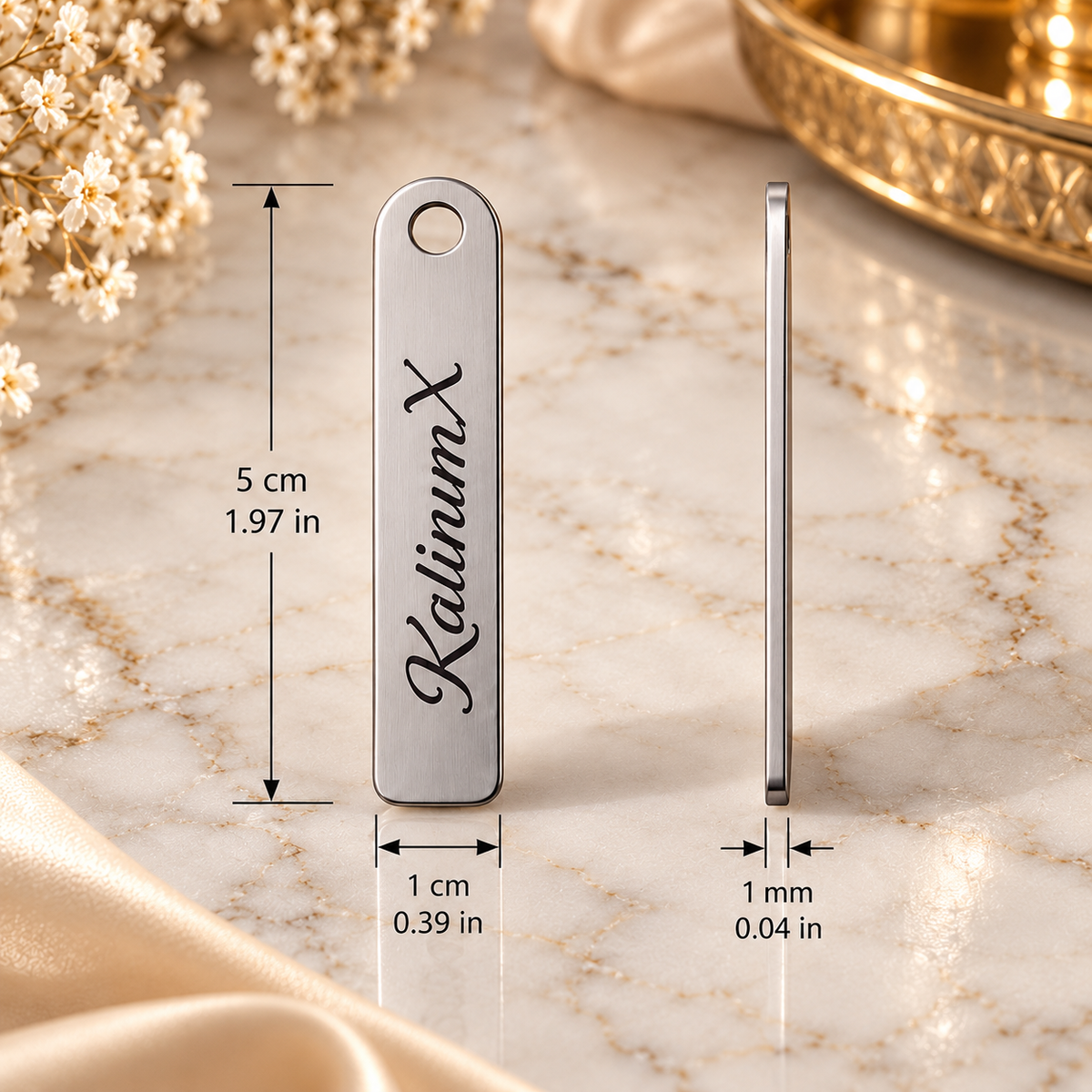Slim stainless steel keyring – 50 × 10 × 1 mm – silver – engraved