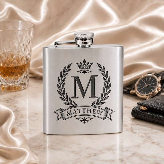 Hip flask, 210 ml, stainless steel, silver-tone, with engraving