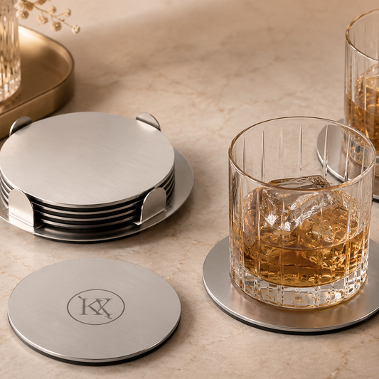 Metal coaster, Ø85 mm, silver-tone, with engraving