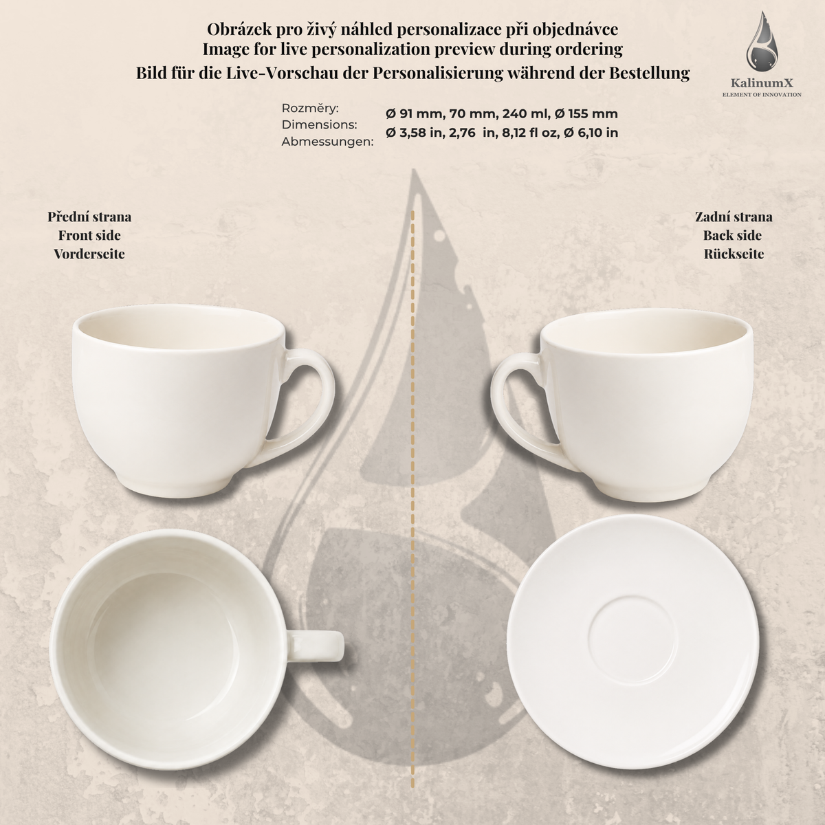 Ceramic cup and saucer – 240 ml – ivory – with engraving
