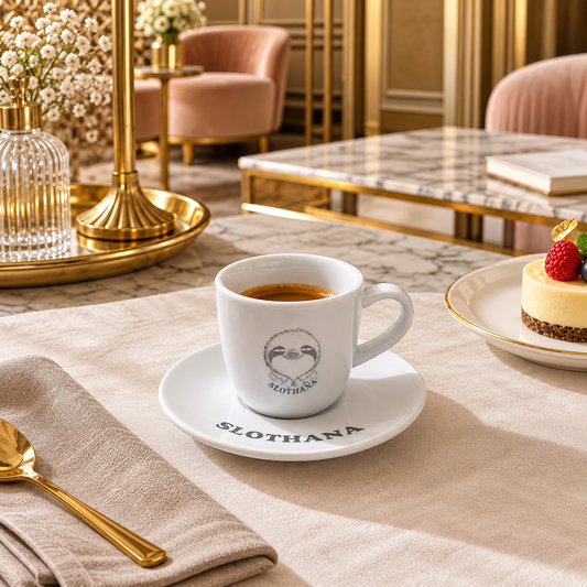 Slothana ceramic cup and saucer – 50 ml – white – finished engraving