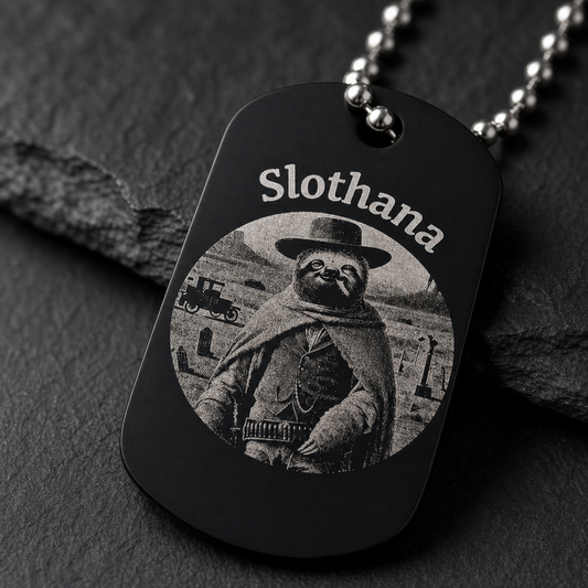 Dog Tag – 50 × 29 × 1 mm – aluminium – black – Slothana: Cowboy & Alan Slothman – with engraving