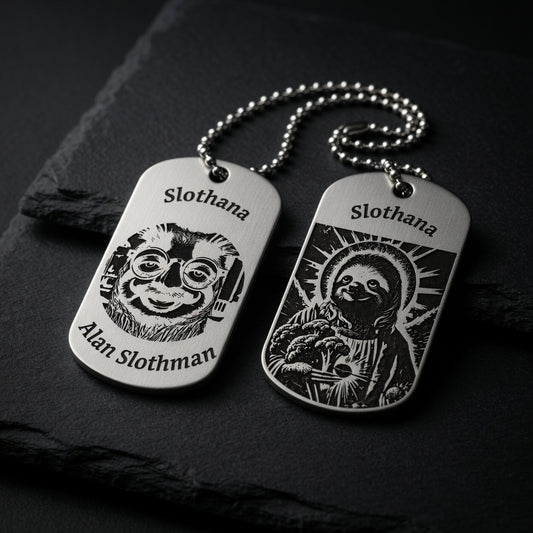 Dog Tag – 50 × 29 × 1 mm – aluminium – silver – Slothana: Jesus Sloth & Alan Slothman – with engraving