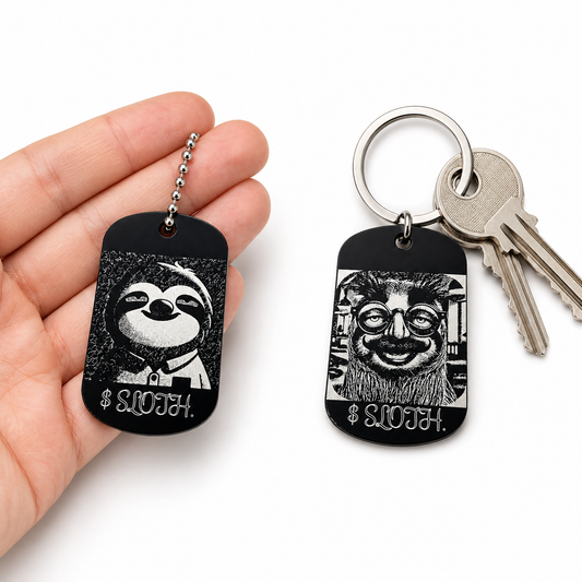 Dog Tag – 50 × 29 × 1 mm – aluminium – black – Slothana: Sloth & Alan Slothman – engraved on both sides