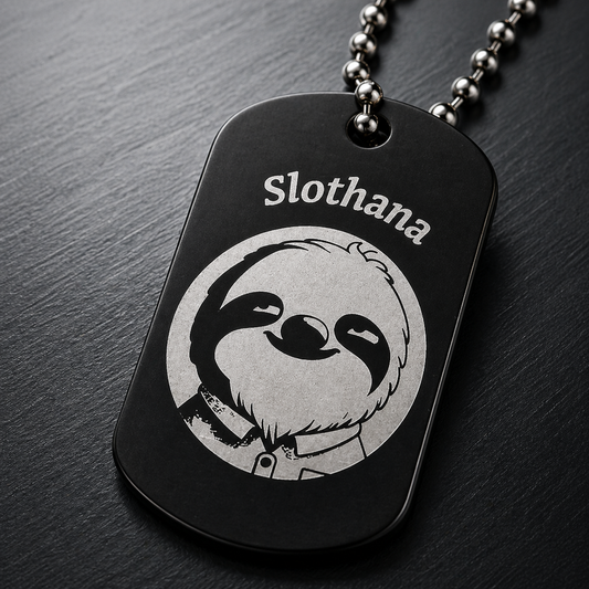 Dog Tag – 50 × 29 × 1 mm – aluminium – black – Slothana: Sloth & I Believe – with engraving