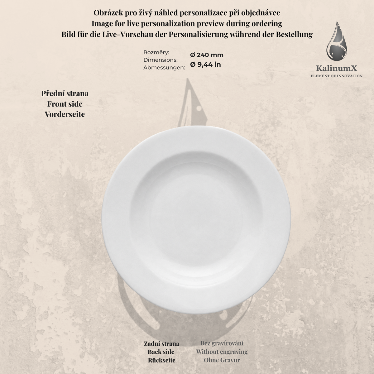 White deep porcelain plate – Ø 240 × 40 mm – with engraving