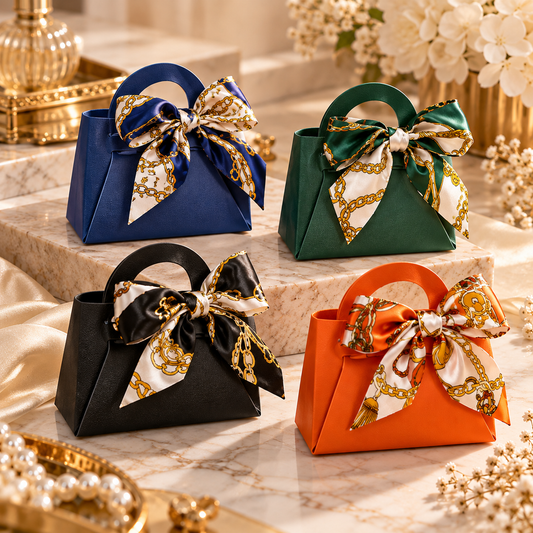 Handbag-shaped gift box with ribbon – 110 × 105 × 58 mm