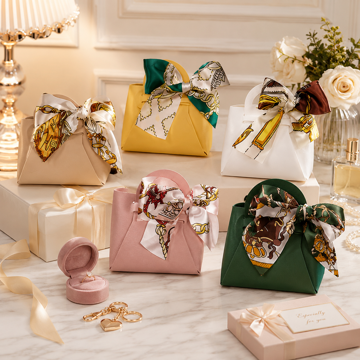 Handtaschenförmige Geschenkbox mit Band – 110 × 105 × 58 mm – verschiedene Farben