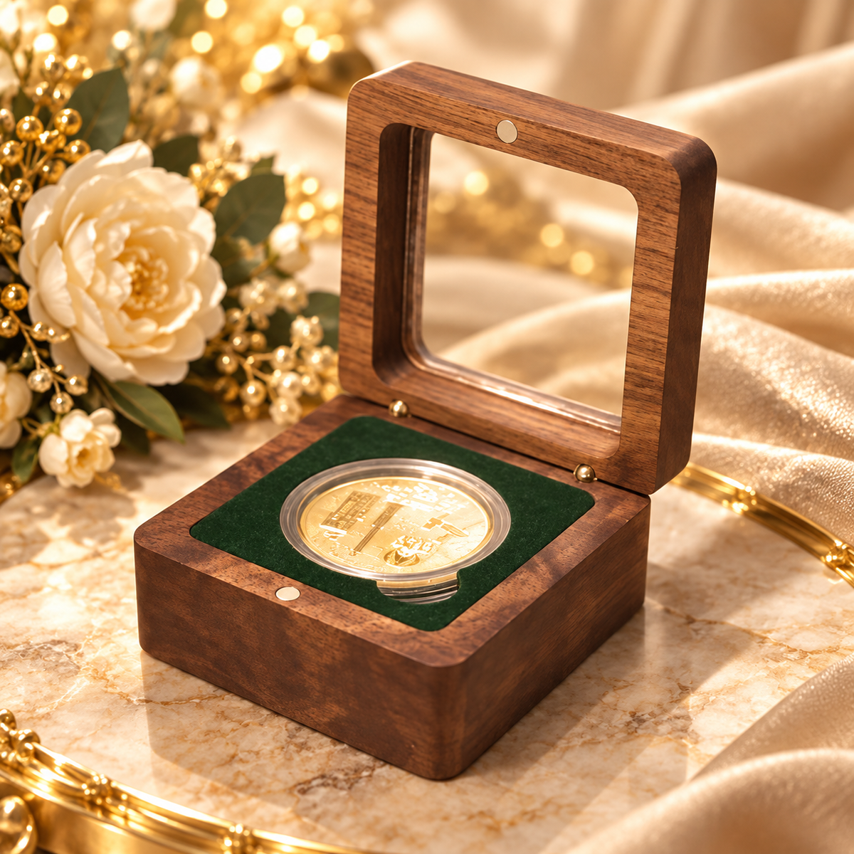 Wooden coin gift box with clear hinged lid – 68 × 68 × 36 mm