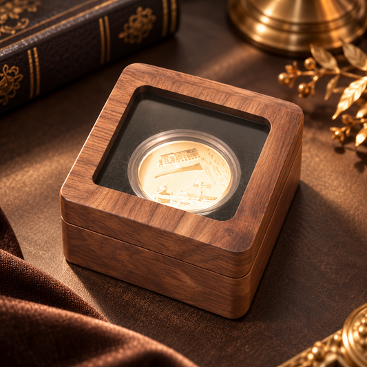 Wooden coin gift box with clear hinged lid – 68 × 68 × 36 mm