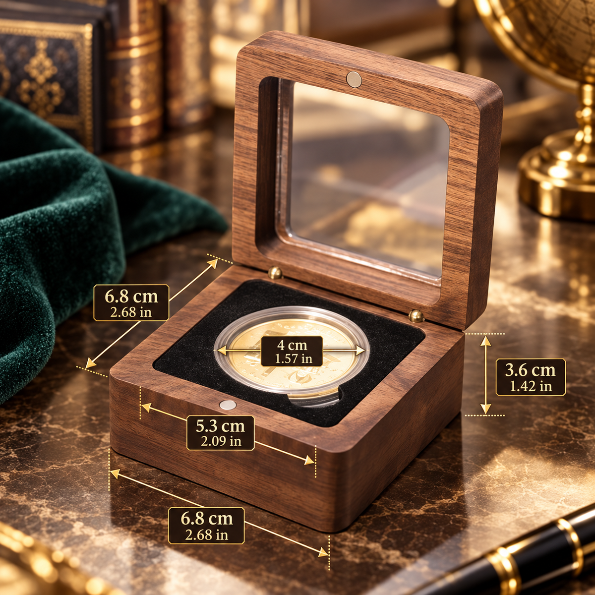 Wooden coin gift box with clear hinged lid – 68 × 68 × 36 mm