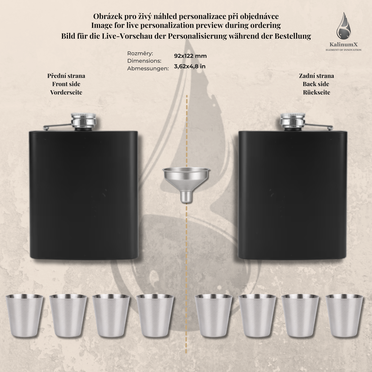 Dárková sada s placatkou 210 ml – nerezová, černá, s gravírováním