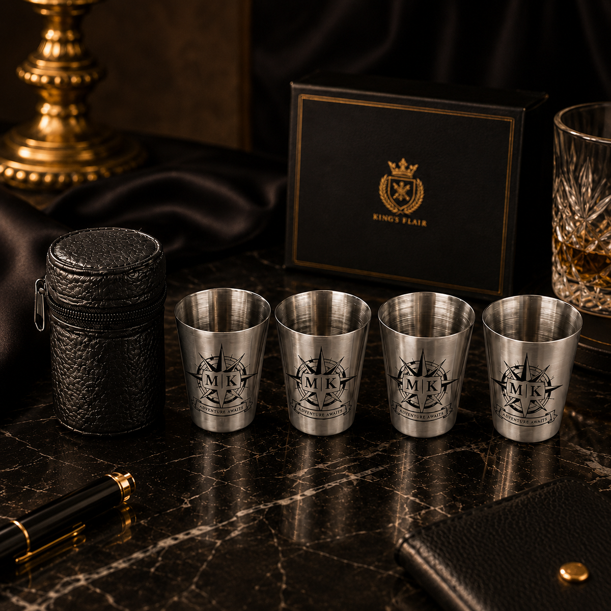 Dárková sada s placatkou 210 ml – nerezová, černá, s gravírováním