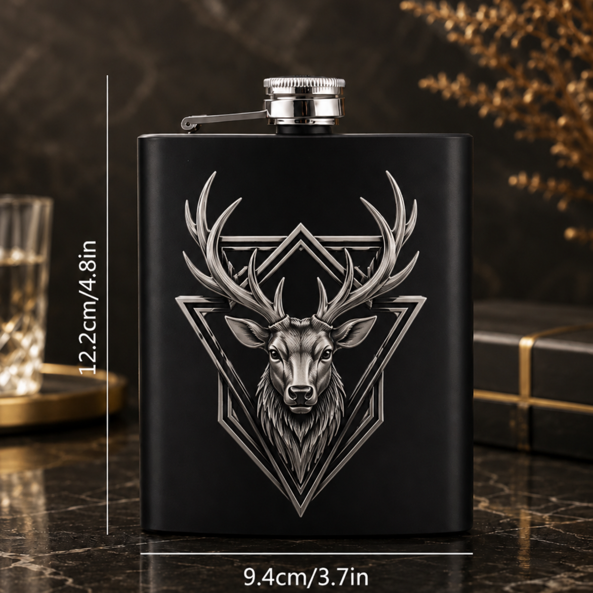 Dárková sada s placatkou 210 ml – nerezová, černá, s gravírováním