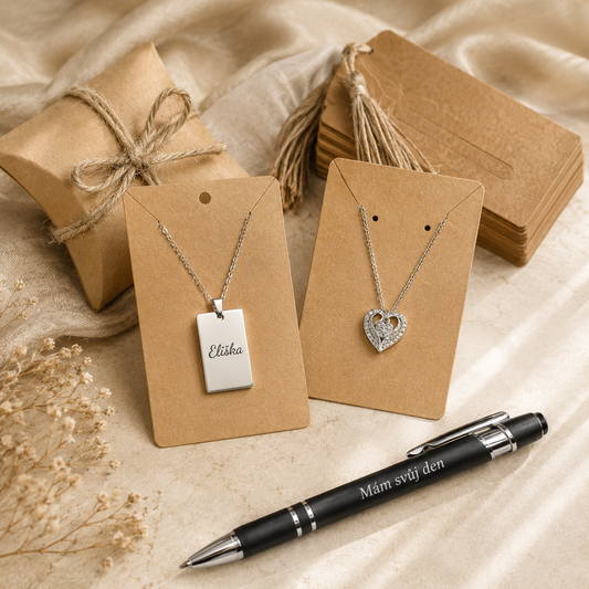 Pendant gift packaging with card and holder – 80 × 120 mm