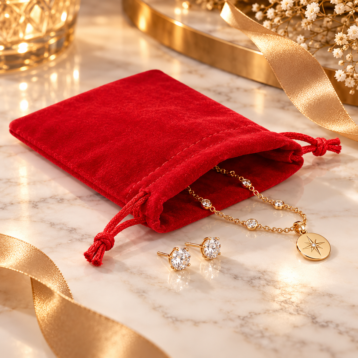 Velvet drawstring gift pouch – 90 × 70 mm – red