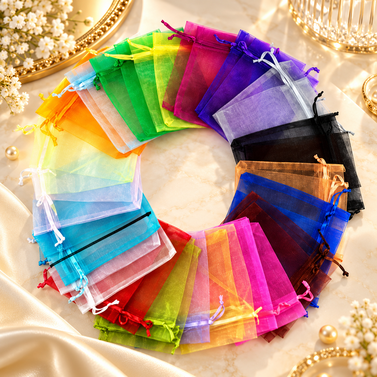 Organza gift pouch with ribbon – 90 × 70 mm