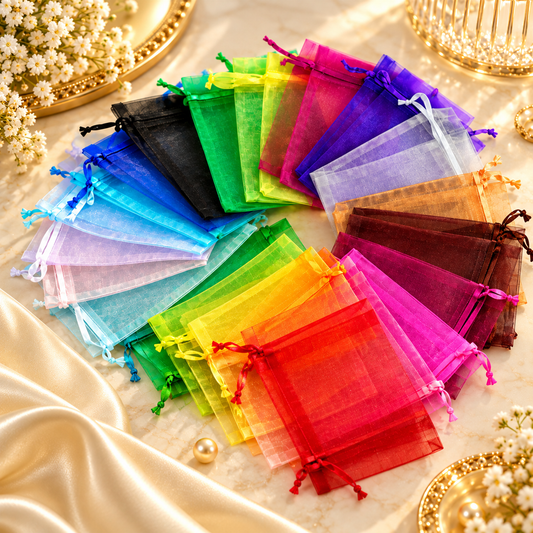 Organza gift pouch with ribbon – 90 × 70 mm – assorted colours