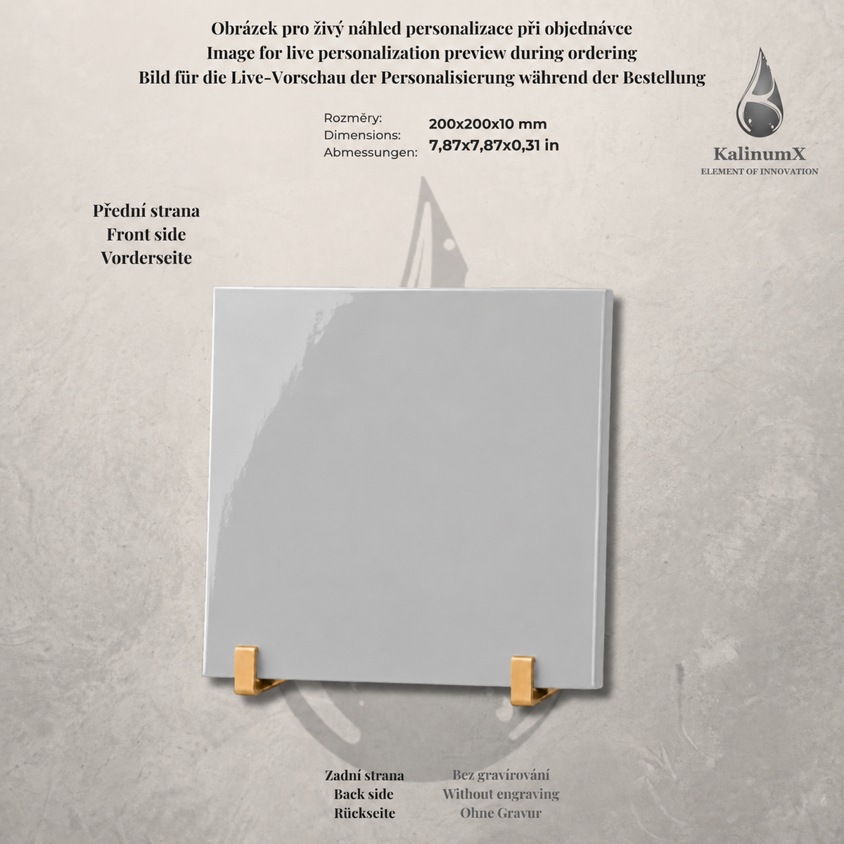 Hellgraue Keramikfliese – 200 × 200 × 10 mm – mit Gravur