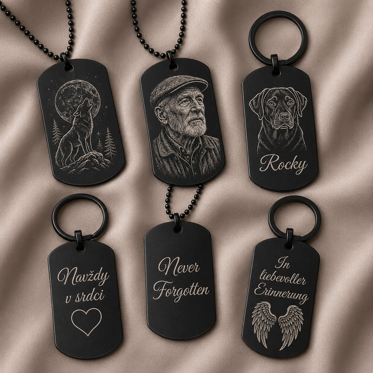Dog Tag – 50 × 28 × 1.8 mm – stainless steel – black – lobster clasp – with engraving