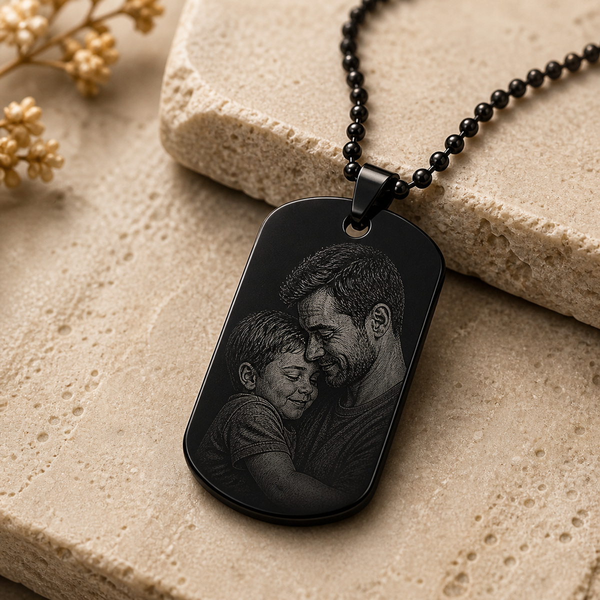 Dog Tag – 50 × 28 × 1.8 mm – stainless steel – black – standard loop – with engraving