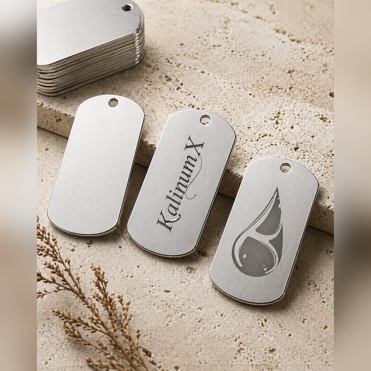 Dog Tag – 50 × 28 × 1.8 mm – stainless steel – silver – standard loop – with engraving