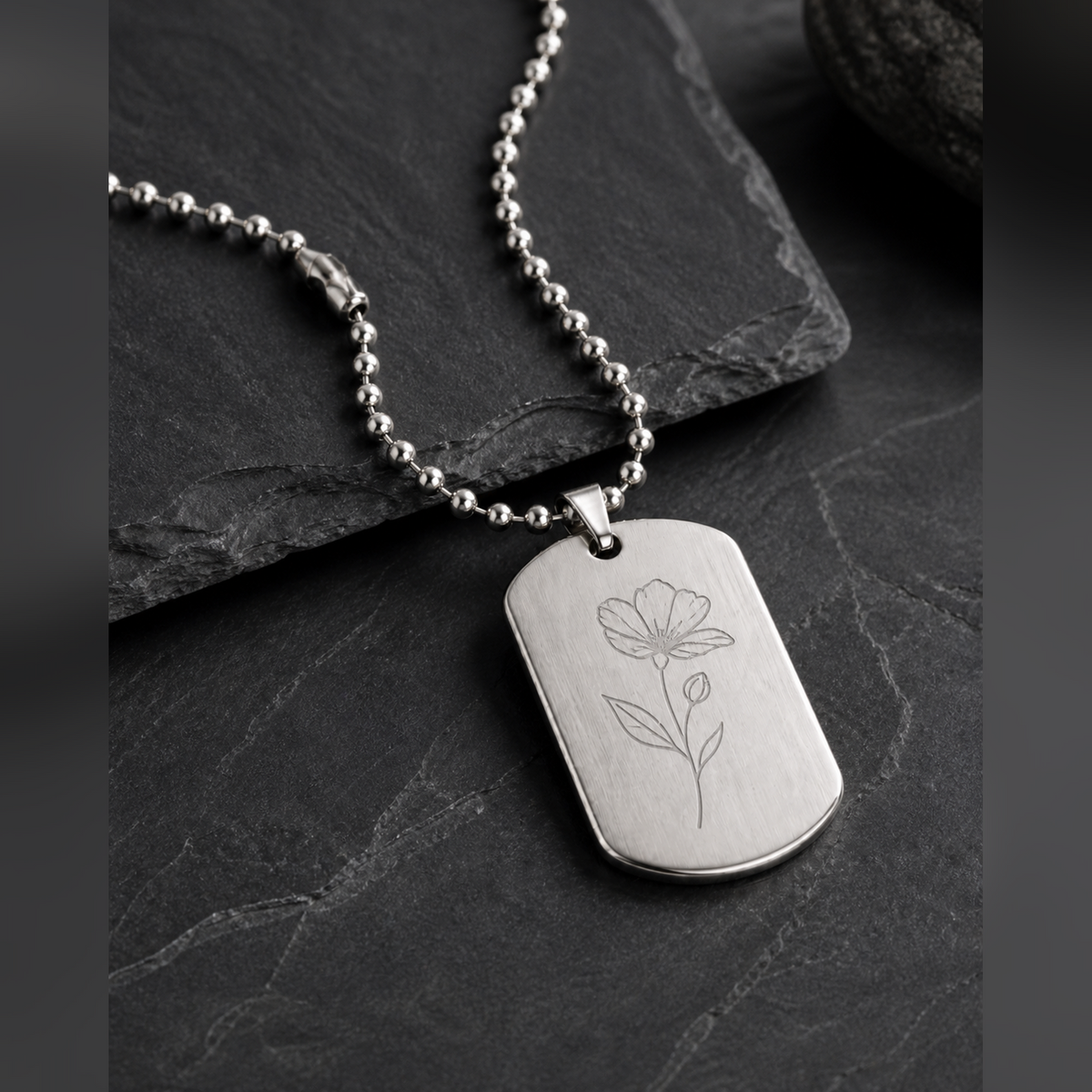 Dog Tag – 50 × 28 × 1.8 mm – stainless steel – silver – standard loop – with engraving