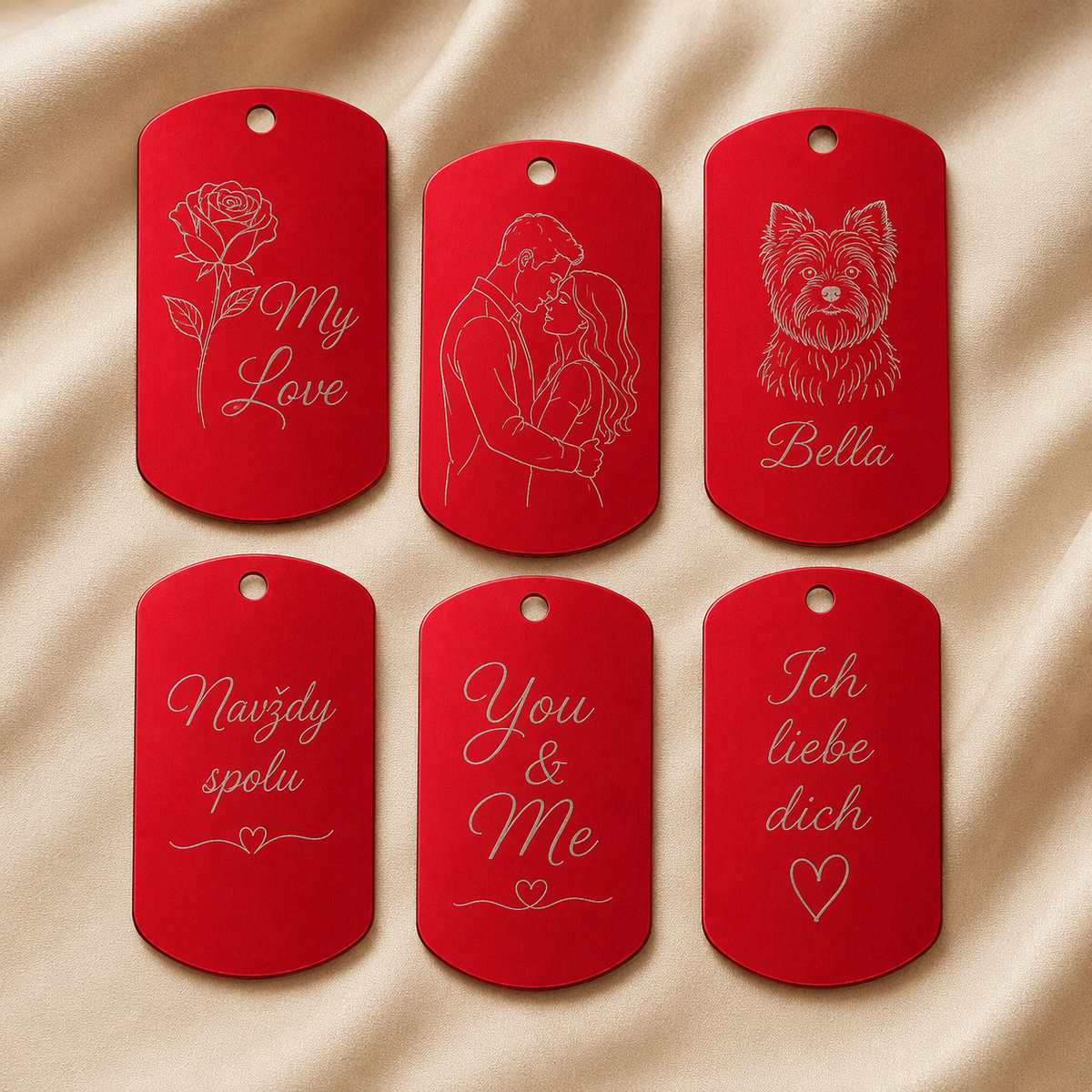 Dog Tag – 50 × 29 × 1 mm – Aluminium – rot – mit Gravur