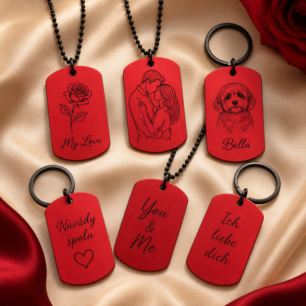 Dog Tag – 50 × 29 × 1 mm – Aluminium – rot – mit Gravur
