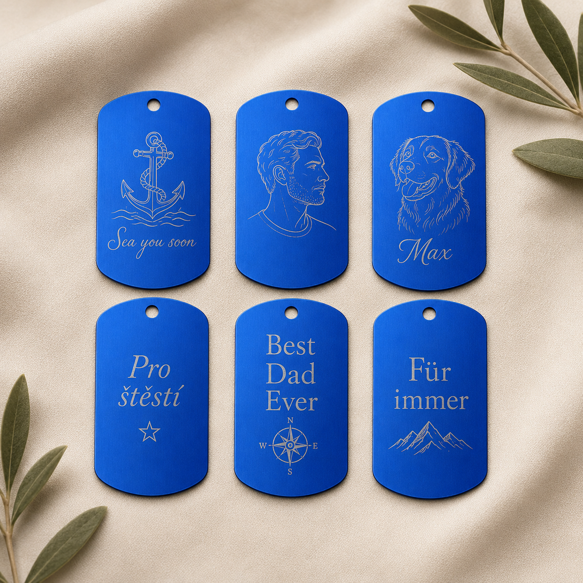 Dog Tag – 50 × 29 × 1 mm – Aluminium – blau – mit Gravur