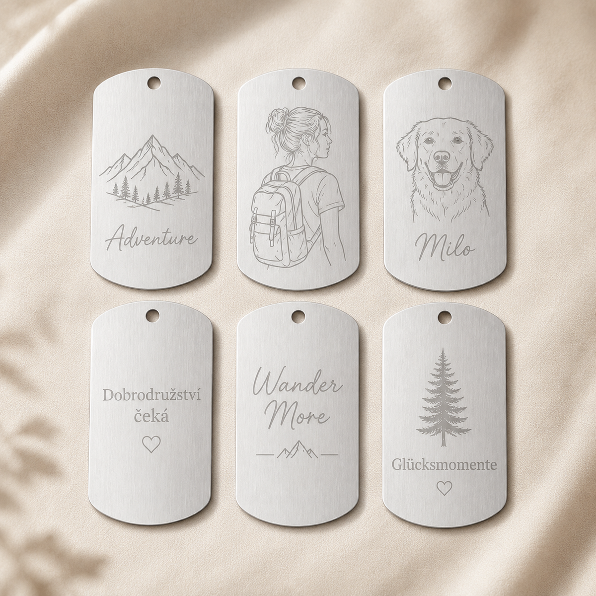 Dog Tag – 50 × 29 × 1 mm – Aluminium – silberfarben – mit Gravur