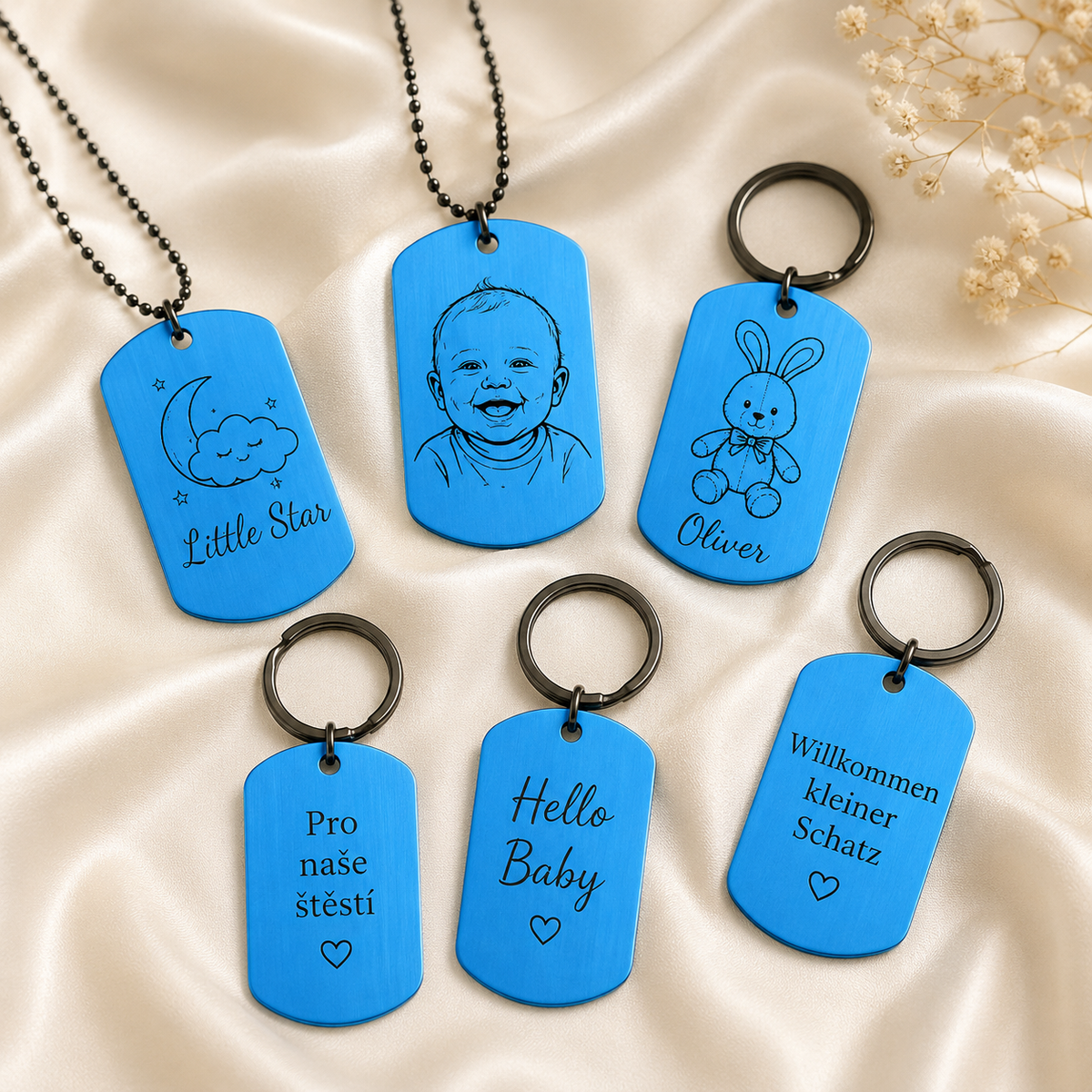 Dog Tag – 50 × 29 × 1 mm – Aluminium – hellblau – mit Gravur