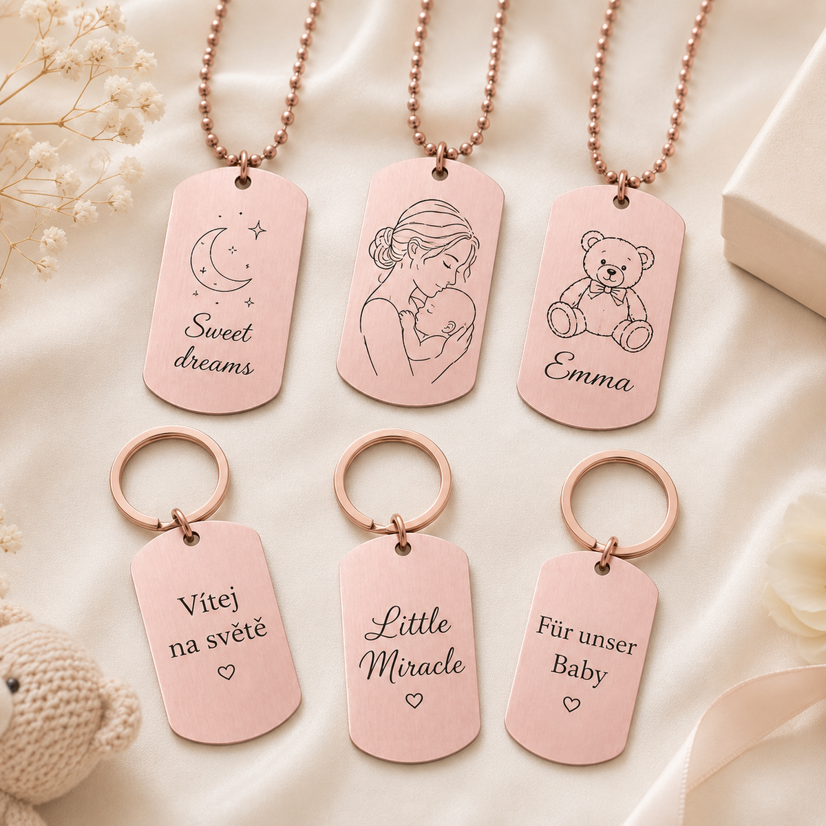 Dog Tag – 50 × 29 × 1 mm – Aluminium – hellrosa – mit Gravur