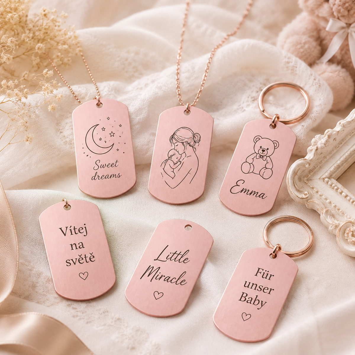 Dog Tag – 50 × 29 × 1 mm – Aluminium – hellrosa – mit Gravur