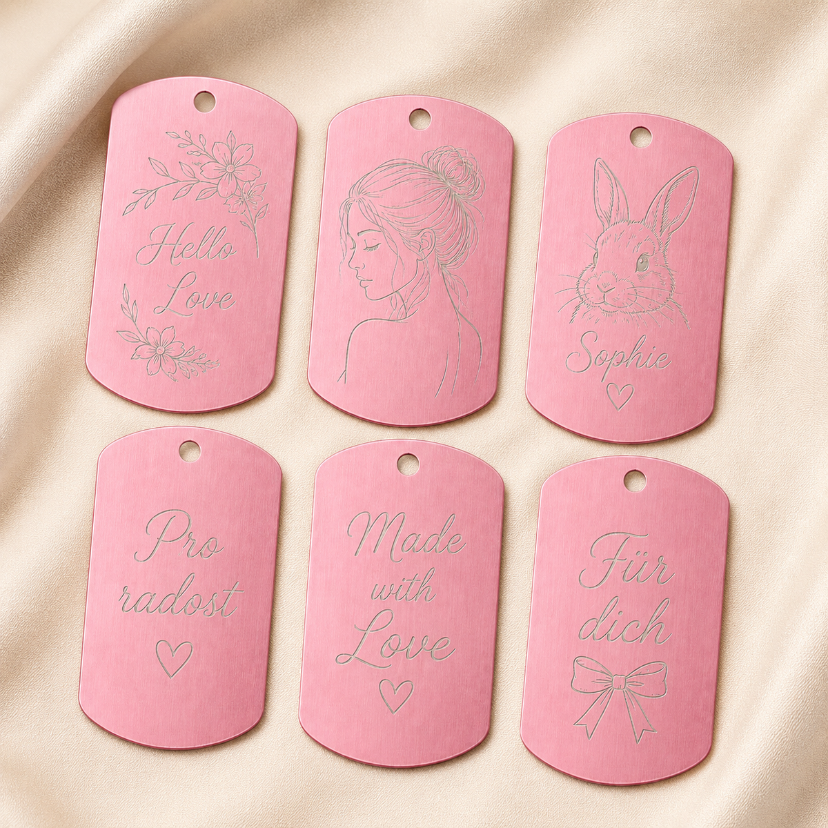 Dog Tag – 50 × 29 × 1 mm – Aluminium – hellrosa – mit Gravur