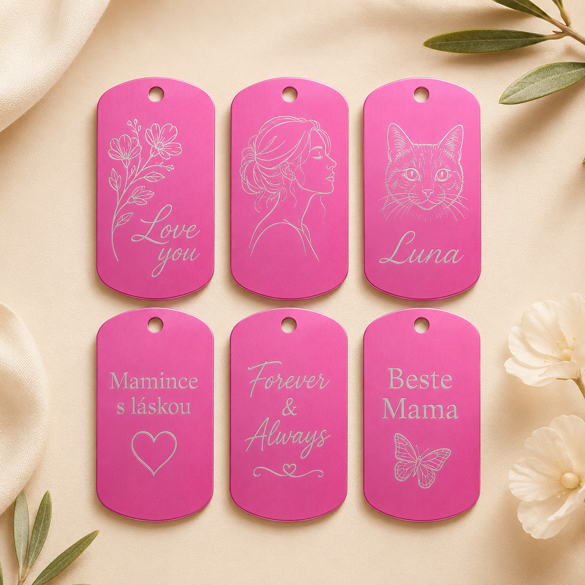 Dog Tag – 50 × 29 × 1 mm – Aluminium – dunkelrosa