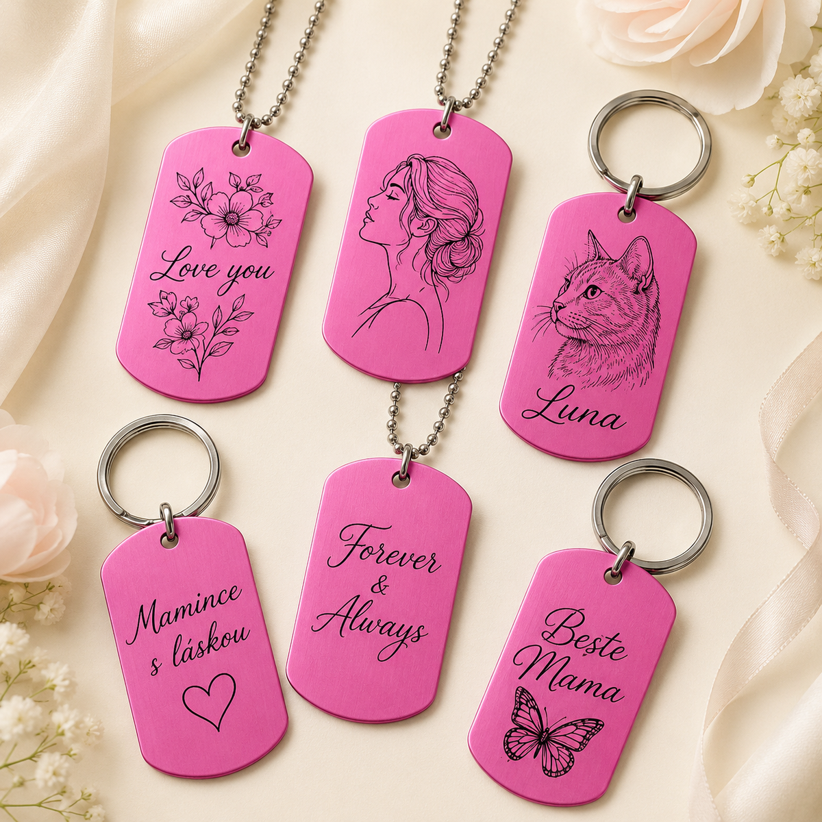 Dog Tag – 50 × 29 × 1 mm – Aluminium – dunkelrosa – mit Gravur