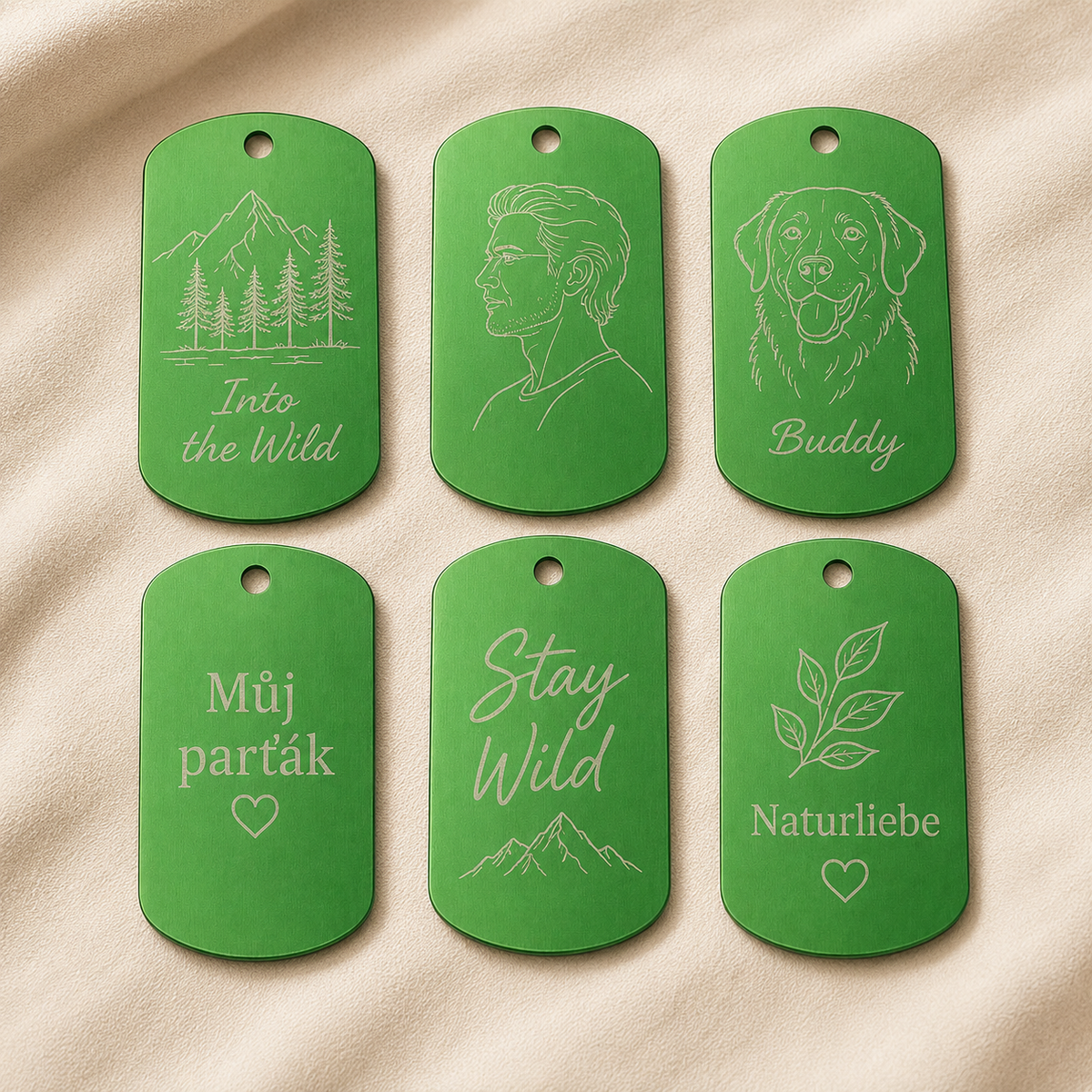 Dog Tag – 50 × 29 × 1 mm – Aluminium – grün – mit Gravur