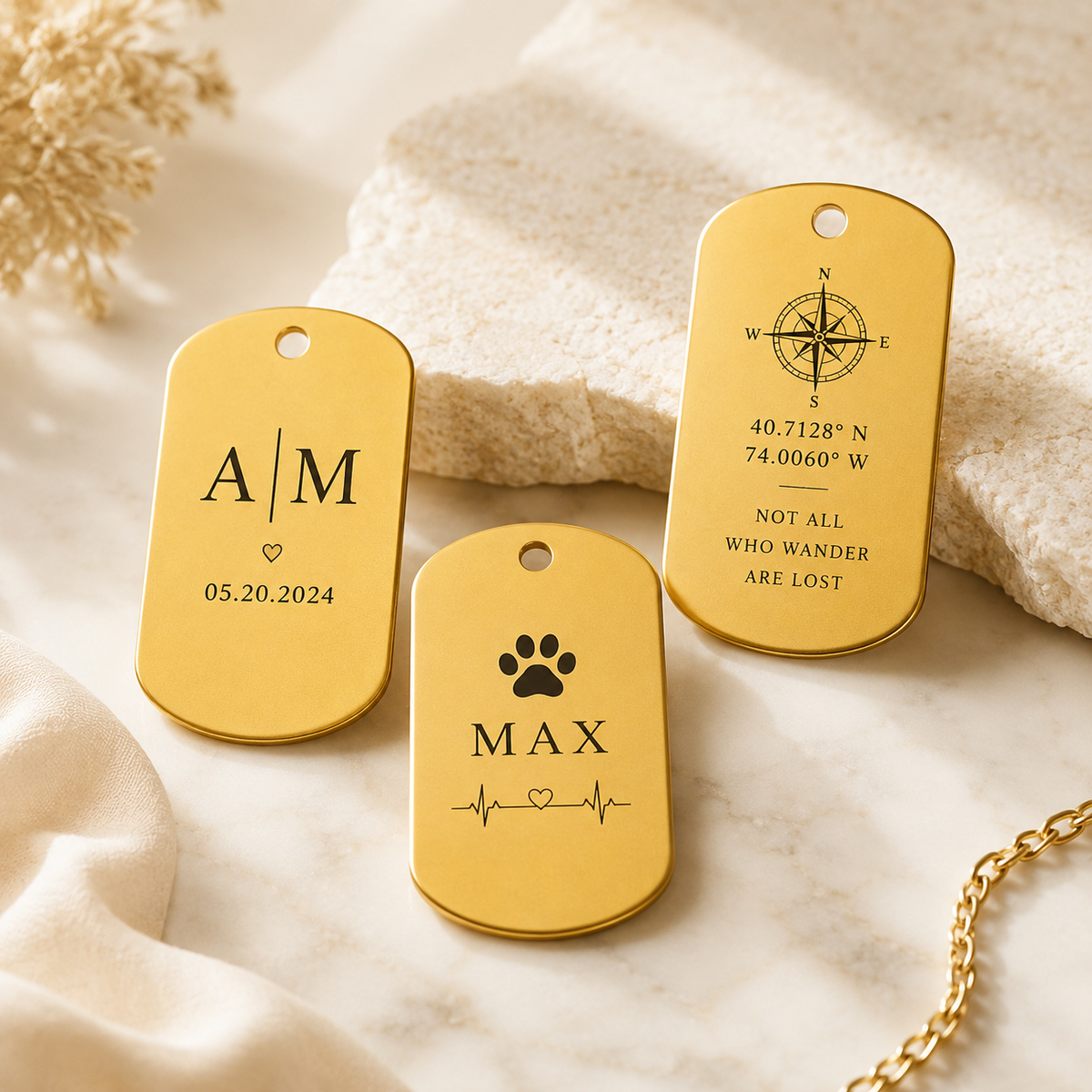 Dog Tag – 50 × 29 × 1 mm – Aluminium – goldfarben – mit Gravur