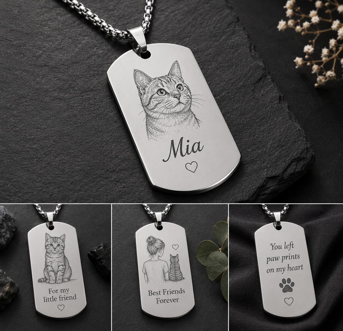 Dog Tag – 50 × 30 × 1.4 mm – stainless steel – black – with engraving