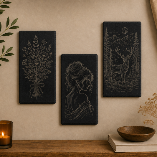 Slate board – 300 × 110 mm – rectangular, black – with engraving