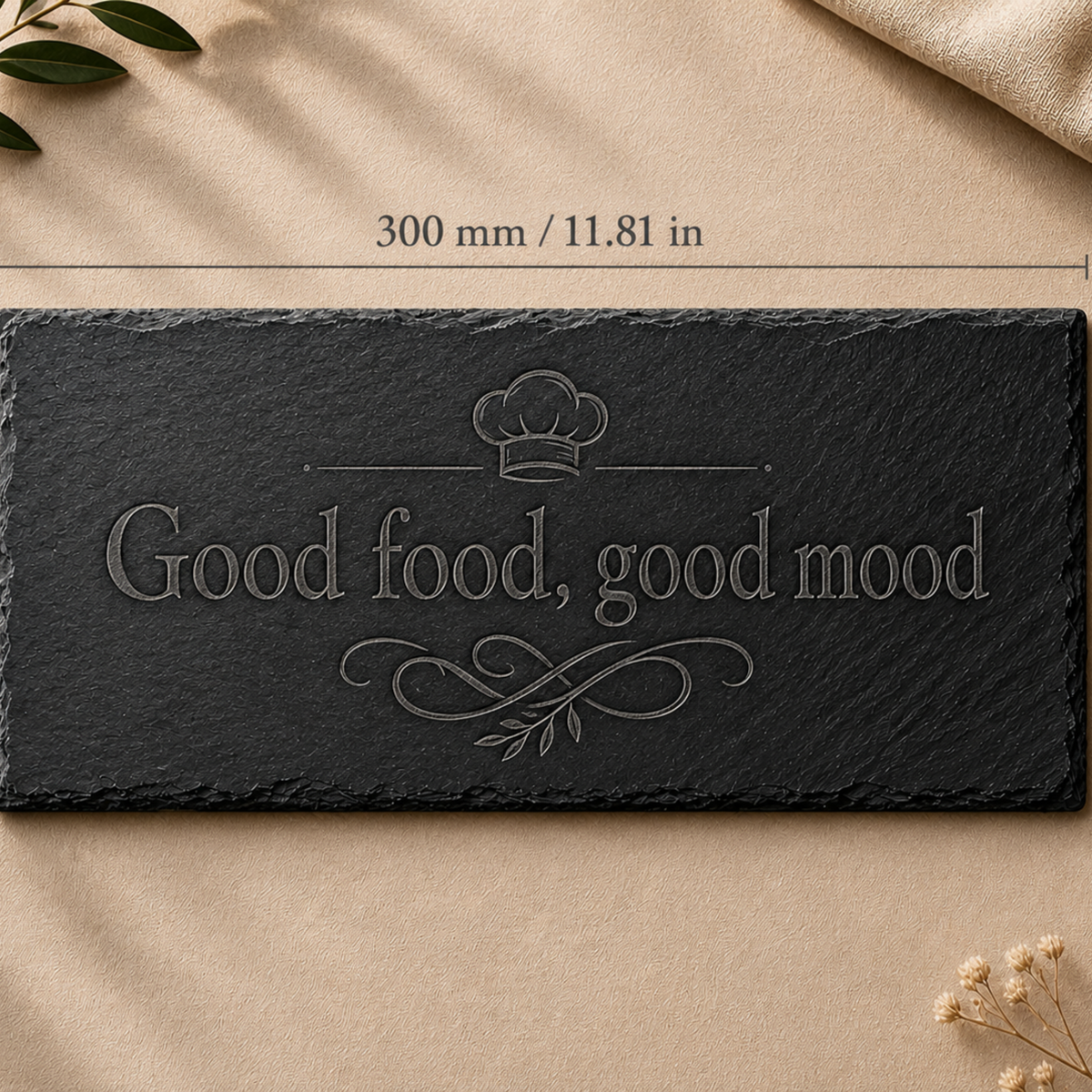 Schieferplatte – 300 × 110 mm – rechteckig, schwarz – mit Gravur